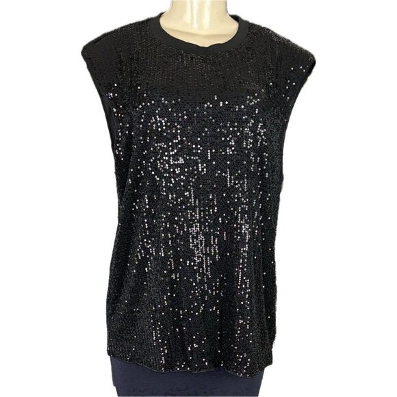 Timing L Black Sequin Crew Knit Neckline Padded Shoulders Sleeveless Tank Blouse - Picture 2 of 6
